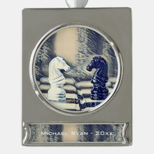 Chess Knights Chess Board Personalized Christmas Silver Plated Banner Ornament