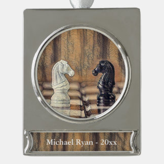 Chess Knights Chess Board Personalized Christmas Silver Plated Banner Ornament