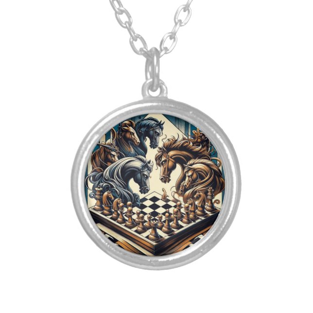Chess Knights Fantasy Necklace Art Design (Front)