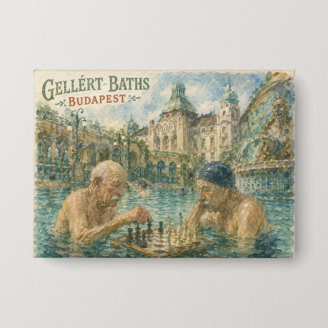 Chess match Gellert Baths Budapest Hungary Button (Front)