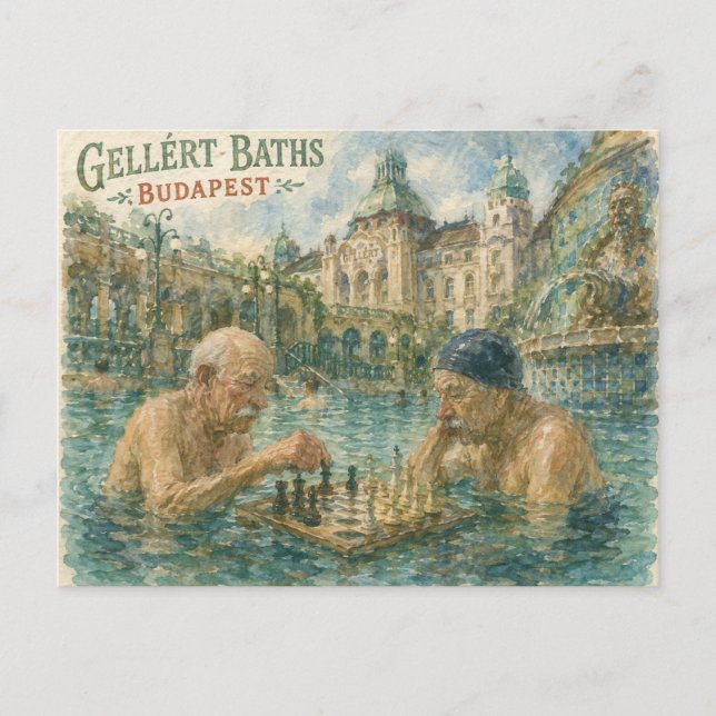 Chess match Gellert Baths Budapest Hungary Holiday Postcard (Front)