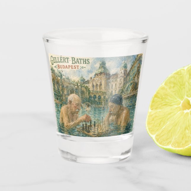 Chess match Gellert Baths Budapest Hungary Shot Glass (Front)