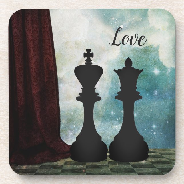 Chess Piece King and Queen Love Couples Beverage Coaster (Front)