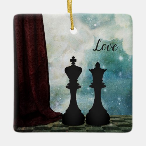 Chess Piece King and Queen Love Couples Ceramic Ornament