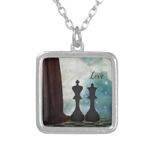 Chess Piece King and Queen Love Couples Silver Plated Necklace (Front)