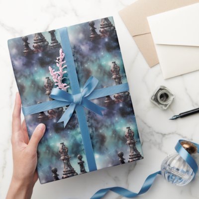 Chess Pieces Classic Blue Nebula Galactic Space Wrapping Paper