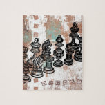 Chess Pieces Jigsaw Puzzle<br><div class="desc">Chess pieces in black over a neutral beige and aqua background with distressed styling.</div>