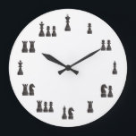 Chess pieces large clock<br><div class="desc">Wallclock with the black chess pieces representing their real value on chess,  totally customizable.</div>