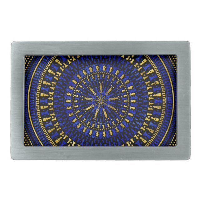Chess Pieces Mandala - Lapis Lazuli and Gold Belt Buckle (Front)
