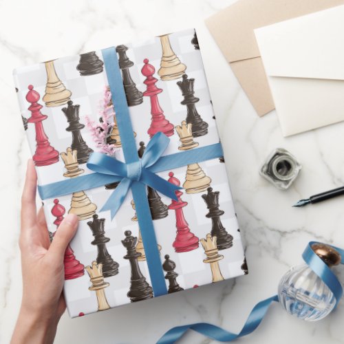 Chess Pieces Modern Black Red and White Wrapping Paper