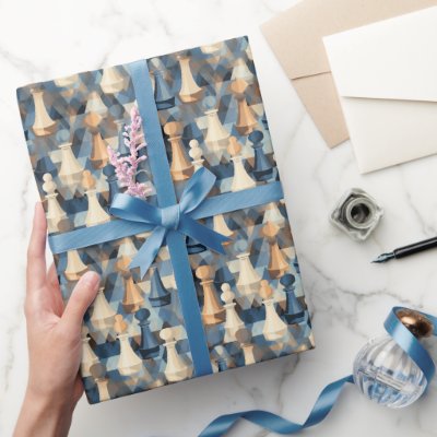 Chess Pieces Modern Minimalist Geometric Blue Tan Wrapping Paper