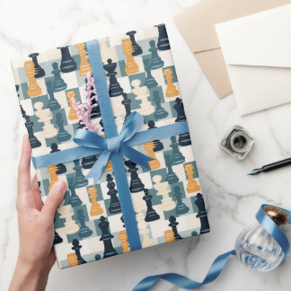 Chess Pieces Modern Simple Blue Orange White Wrapping Paper