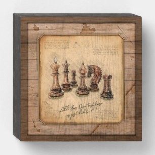Chess Pieces on Grunge Wooden Board Player Gift Box Sign