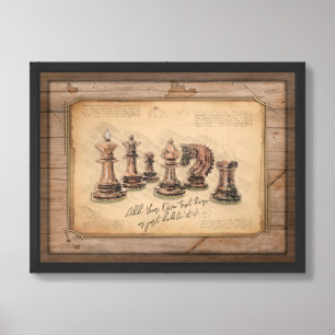 Chess Pieces on Grunge Wooden Board Player Gift Framed Art