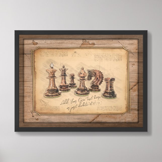 Chess Pieces on Grunge Wooden Board Player Gift Framed Art (Framed Front)