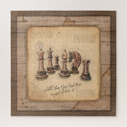 Chess Pieces on Grunge Wooden Board Player Gift Jigsaw Puzzle