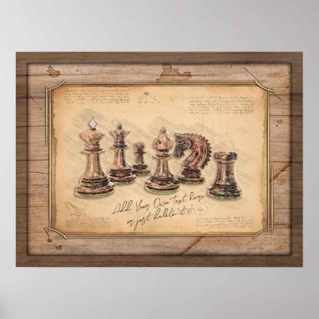 Chess Pieces on Grunge Wooden Board Player Gift Poster (Front)