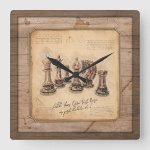 Chess Pieces on Grunge Wooden Board Player Gift Square Wall Clock