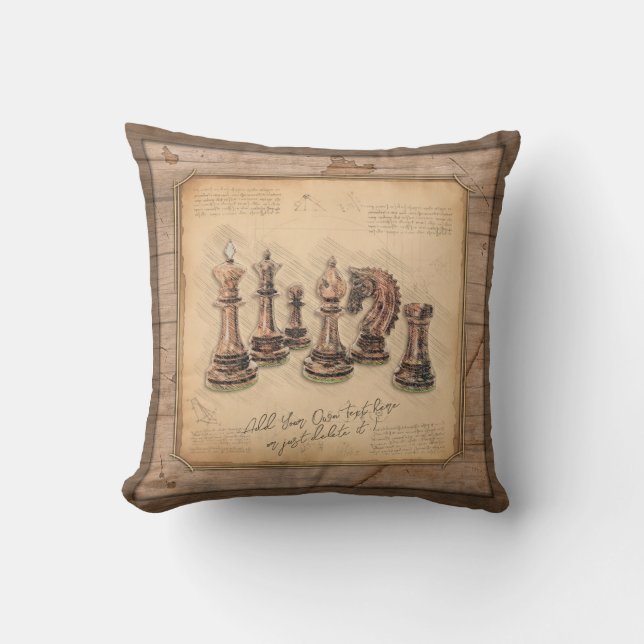 Chess Pieces on Grunge Wooden Board Player Gift Throw Pillow (Front)
