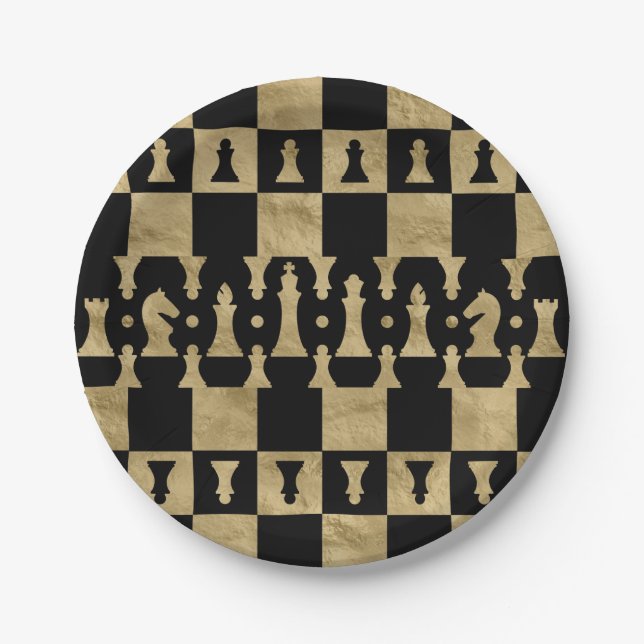 Chess Pieces Pattern - black and gold Paper Plates (Front)