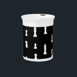 Chess pieces pattern - black and white beverage pitcher<br><div class="desc">black,  white,  "black and white",  chess,  "chess pieces",  geek,  nerd,  pattern,  cool,  nerdy,  geeky,  fun,  game,  pieces,  piece,  rank,  "board game",  "board games",  "chess master",  queen,  bishop,  rook,  chessboard,  strategy,  hobby,  tournament,  player,  "chess player",  "chess players",  traditional,  gaming,  chessmaster,  checkmate, </div>