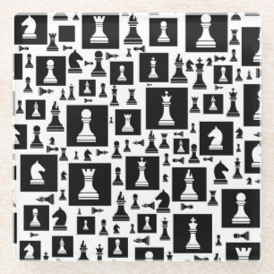 Chess Pieces Pattern - Black and white Glass Coaster