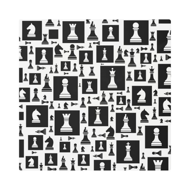 Chess Pieces Pattern - Black and white Metal Print (Front)