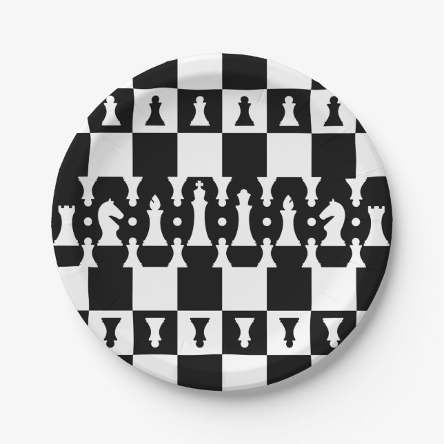 Chess Pieces Pattern - black and white Paper Plates (Front)