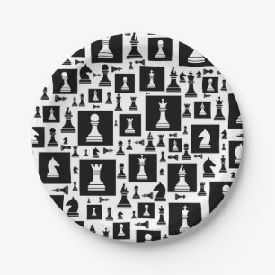 Chess Pieces Pattern - Black and white Paper Plates