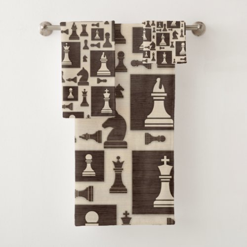 Chess Pieces Pattern _ Wooden Texture Bath Towel Set