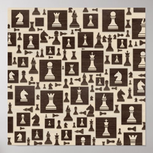 Chess Pieces Pattern _ Wooden Texture Poster