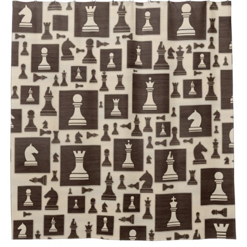 Chess Pieces Pattern _ Wooden Texture Shower Curtain