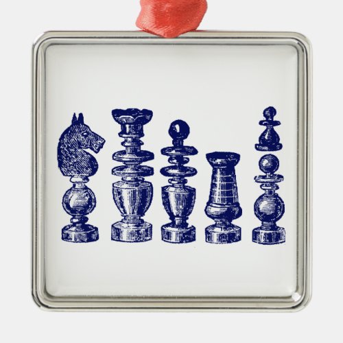 Chess Pieces Vintage Art Blue Metal Ornament