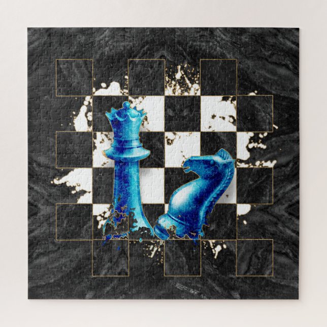 Chess Queen and Knight - Blue Marble Jigsaw Puzzle (Vertical)