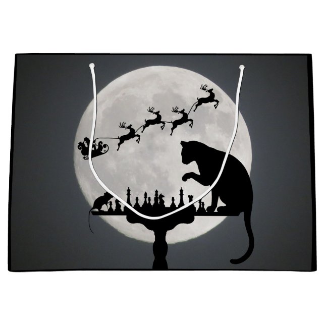Chess Santa Full Moon Cat and Mouse Game Christmas Large Gift Bag (Front)