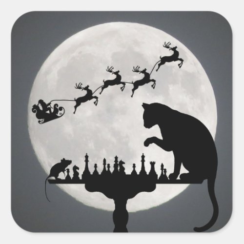 Chess Santa Full Moon Cat and Mouse Game Christmas Square Sticker