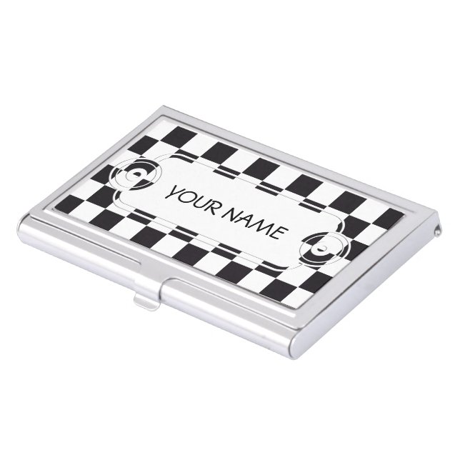 Chess Square Pattern - black + your background Business Card Holder (Front)