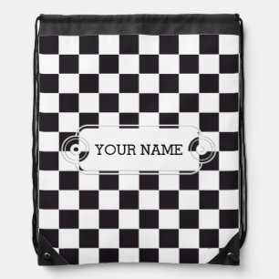 Chess Square Pattern - black + your text & backgr. Drawstring Bag