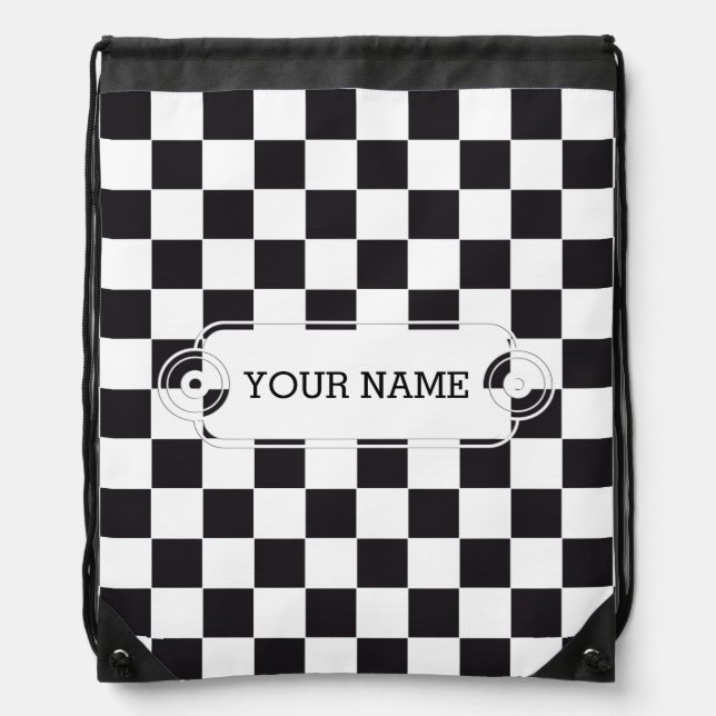 Chess Square Pattern - black + your text & backgr. Drawstring Bag (Front)