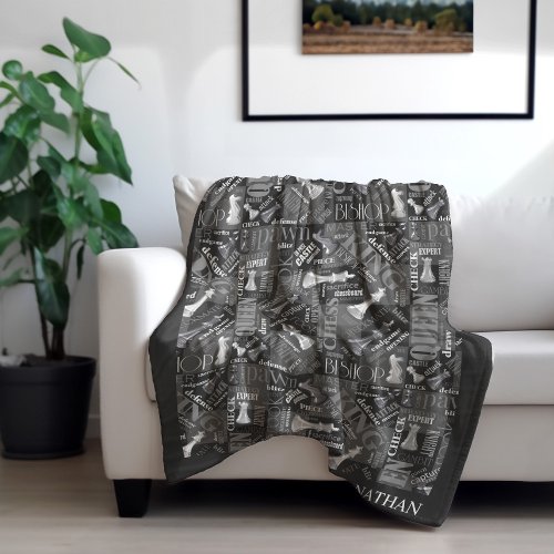 Chess Terms and Pieces Black and White ID784 Fleece Blanket