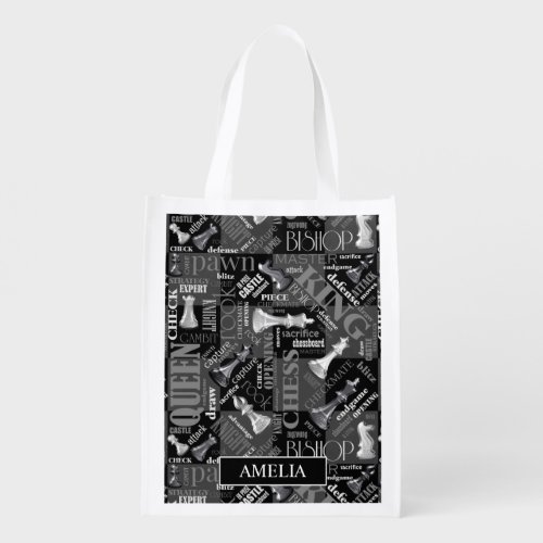 Chess Terms and Pieces Black and White ID784 Grocery Bag