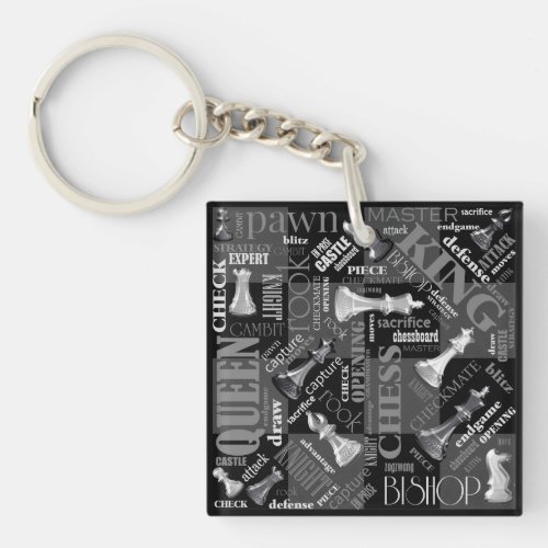 Chess Terms and Pieces Black and White ID784 Keychain