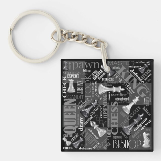 Chess Terms and Pieces Black and White ID784 Keychain (Front)
