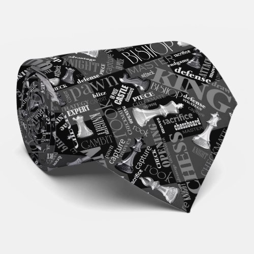 Chess Terms and Pieces Black and White ID784 Neck Tie