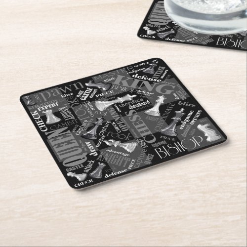 Chess Terms and Pieces Black and White ID784 Square Paper Coaster