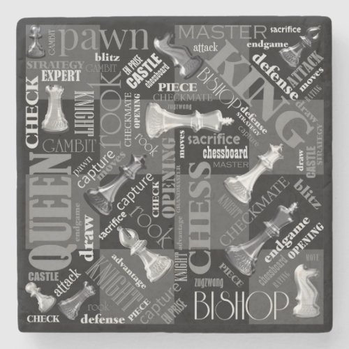 Chess Terms and Pieces Black and White ID784 Stone Coaster