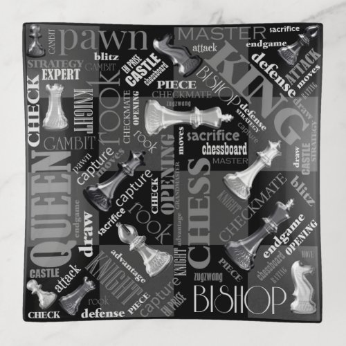 Chess Terms and Pieces Black and White ID784 Trinket Tray