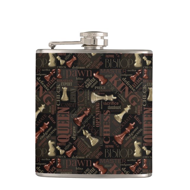 Chess Terms and Pieces Copper and Gold ID784 Flask (Front)