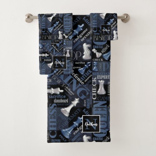 Chess Terms and Pieces Silver and Blue ID784 Bath Towel Set