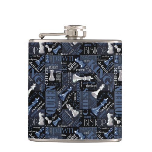Chess Terms and Pieces Silver and Blue ID784 Flask